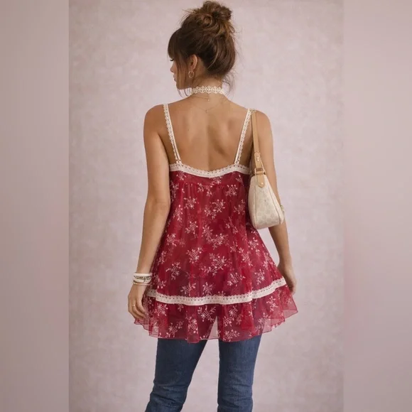 Victoria’s Secret Y2K Red‎ Sheer Embroidered Babydoll Tunic Cami L Valentines - Picture 3 of 10